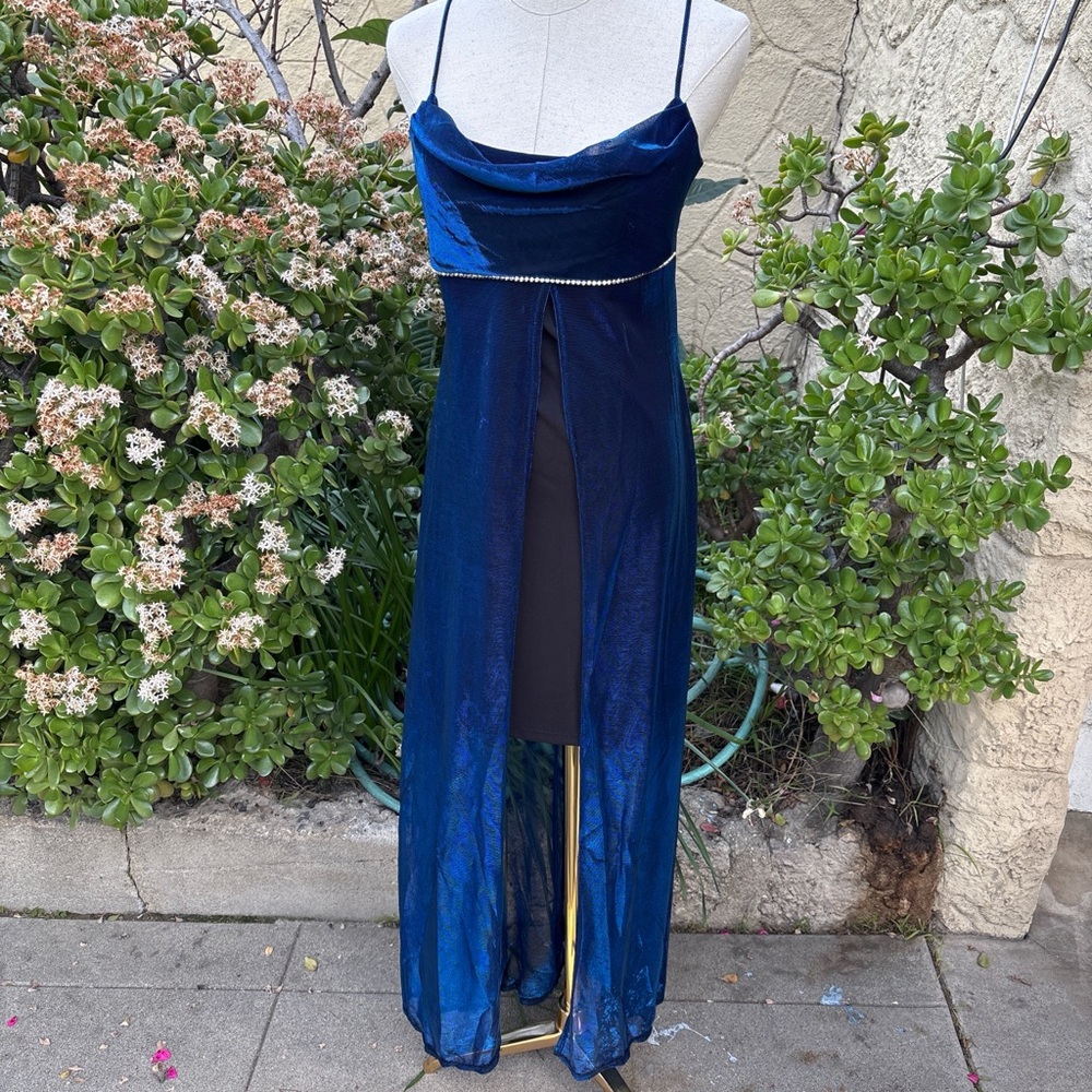 Y2K Blue Prom Dress with Sheer Mesh Overlay